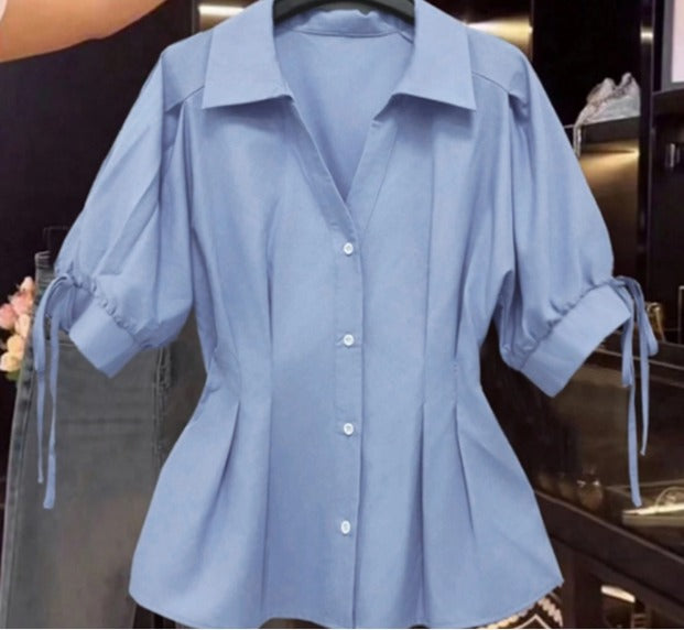 Short-sleeved shirt with gathered waist T10824