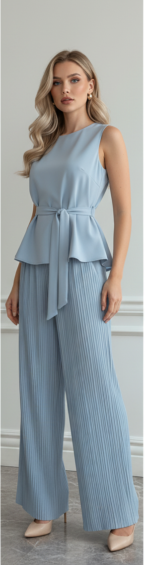 Casual waist belt sleeveless v-neck top co ord set