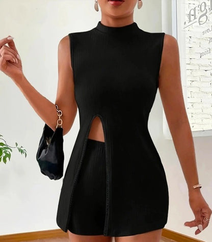 Mock Neck Split Hem Co-ord Set (C80824)
