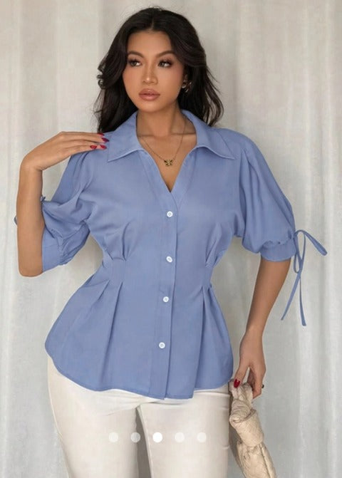 Short-sleeved shirt with gathered waist T10824